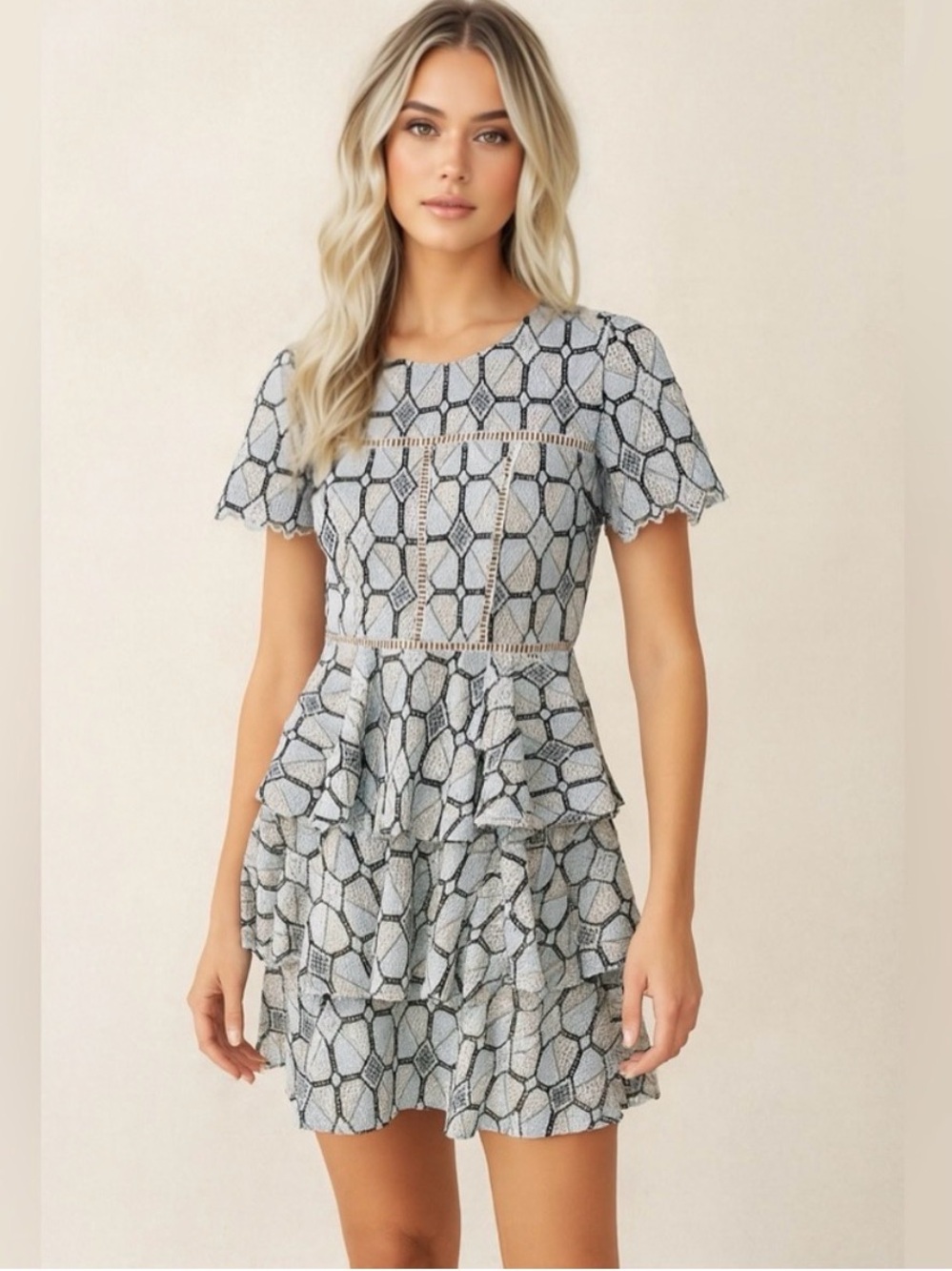 Gianni Bini Blue Patterned Tiered Lace-Trim Mini Monique Ruffle Dress ~ Size 2